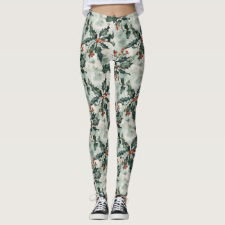 Kerst Waterverf Holly Flowers and Berries Leggings