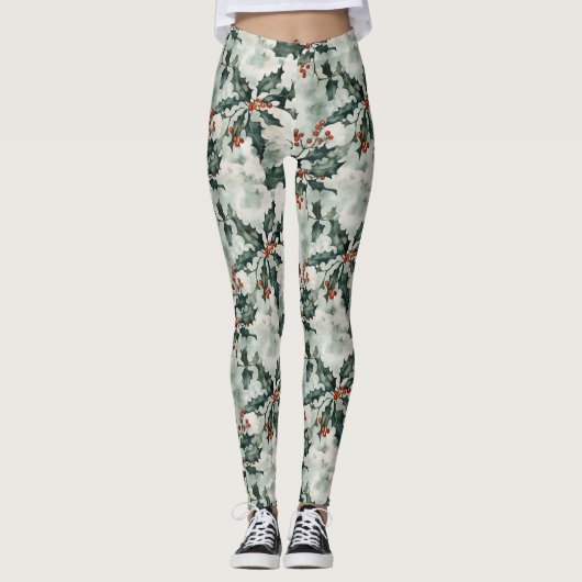 Kerst Waterverf Holly Flowers and Berries Leggings (Voorkant)