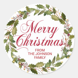 Kerst Waterverf Holly Wreath Gold Rood Wit Ronde Sticker