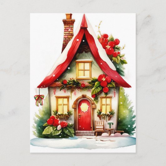 Kerst Waterverf Huis Briefkaart (Voorkant)