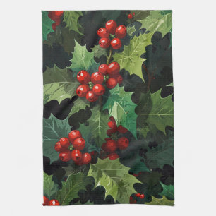 Kerst waterverf Hulst bes bladeren botanisch Theedoek