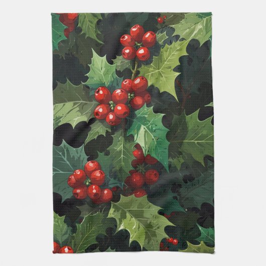 Kerst waterverf Hulst bes bladeren botanisch Theedoek (Verticaal)