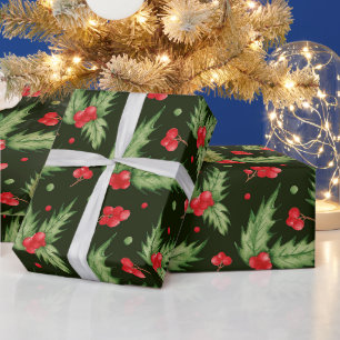 Kerst waterverf Hulstbes met bladeren Cadeaupapier