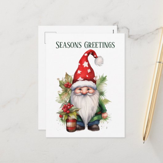 Kerst waterverf kabouter tekst toevoegen Vakantie Feestdagenkaart (Voorkant / Achterkant in situ)