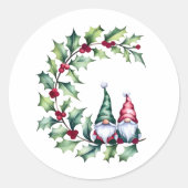 Kerst Waterverf kabouters zitten op Holly Twig Ronde Sticker (Voorkant)