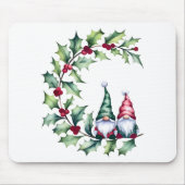 Kerst Waterverf kabouters Zittend op Holly Twig Muismat (Voorkant)
