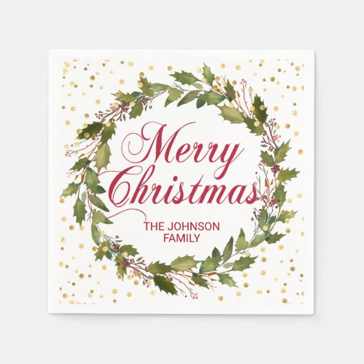 Kerst waterverf krans hulst goud servet (Voorkant)