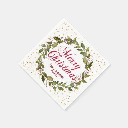 Kerst waterverf krans hulst goud servet (Hoek)