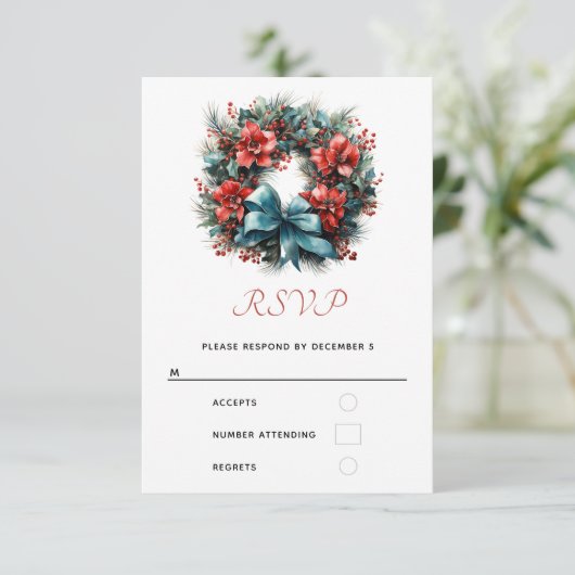 Kerst Waterverf krans met Holly RSVP Kaartje (Staand voorkant)