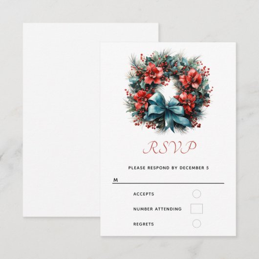 Kerst Waterverf krans met Holly RSVP Kaartje (Voorkant / Achterkant)