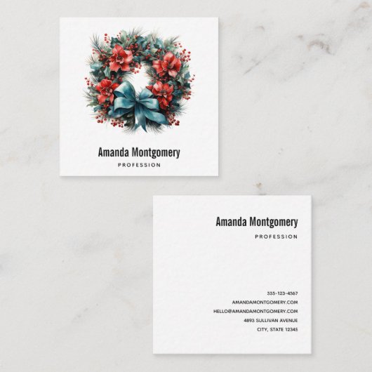 Kerst Waterverf krans met Holly Vierkante Visitekaartje (Voorkant / Achterkant)