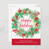 Kerst Waterverf Krans Rood Script Bewegen Feestdagenkaart (Voorkant / Achterkant)