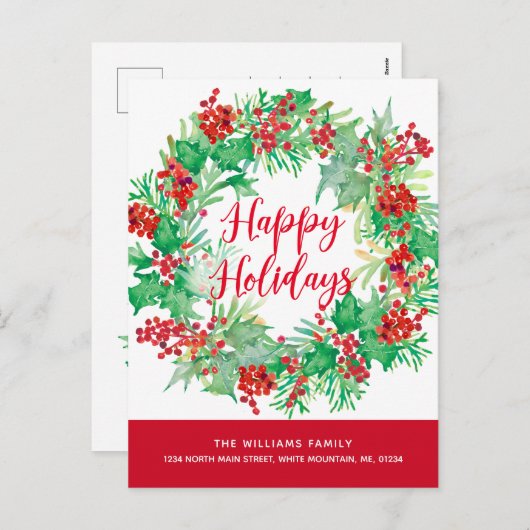 Kerst Waterverf Krans Rood Script Bewegen Feestdagenkaart (Voorkant / Achterkant)