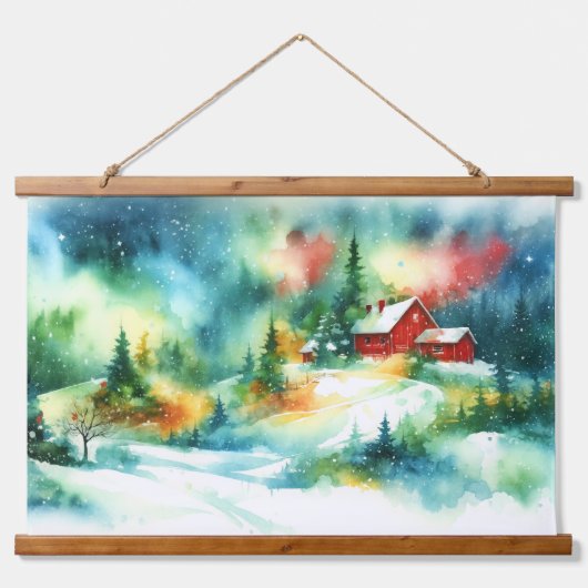 Kerst Waterverf Landelijke Winter Scene Hangend Wandkleed (Voorkant)