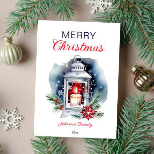 Kerst waterverf lantaarn poinsettia feestdagenkaart
