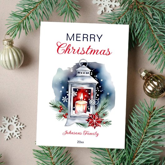 Kerst waterverf lantaarn poinsettia feestdagenkaart
