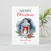 Kerst waterverf lantaarn poinsettia feestdagenkaart (Staand voorkant)