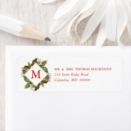Kerst Waterverf Monogram Holly krans Etiket (Insitu)