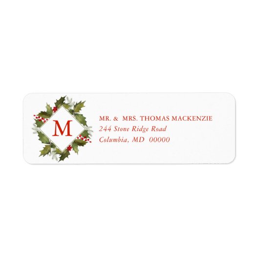 Kerst Waterverf Monogram Holly krans Etiket (Voorkant)