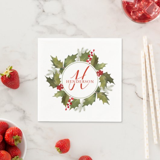 Kerst Waterverf Monogram Script Holly Krans Servet (Insitu)