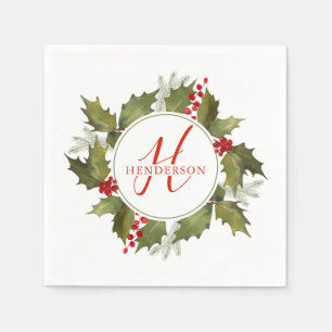 Kerst Waterverf Monogram Script Holly Krans Servet