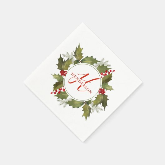 Kerst Waterverf Monogram Script Holly Krans Servet (Hoek)