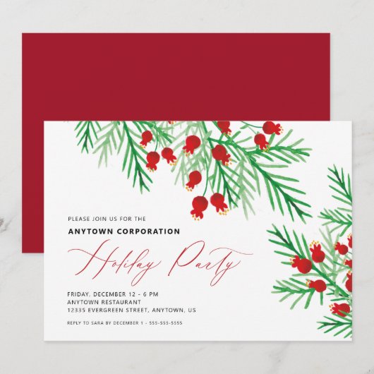 Kerst Waterverf Pine Branches Vakantie Party Kaart (Voorkant / Achterkant)