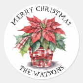 Kerst Waterverf Poinsettia gepersonaliseerd Ronde Sticker (Voorkant)