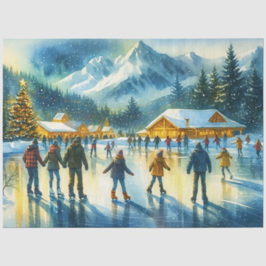 Kerst Waterverf Resort Schaatsen Tissuepapier (Voorkant)