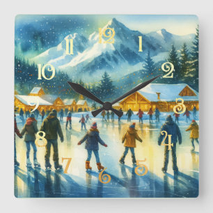 Kerst Waterverf Resort Schaatsen Vierkante Klok