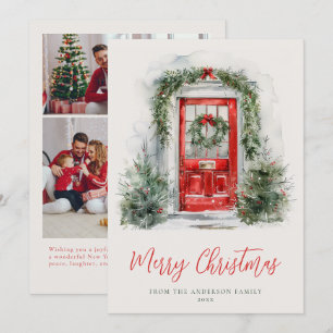 Kerst Waterverf Rode Deur Kerstmis Familie Foto Feestdagenkaart
