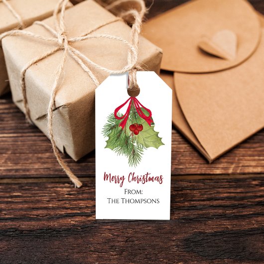 Kerst Waterverf Rode Holly bessen Eenvoudig Cadeaulabel