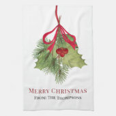 Kerst Waterverf Rode Holly bessen Eenvoudig Theedoek (Verticaal)