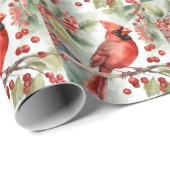 Kerst Waterverf Rode Kardinaal en Bessen Cadeaupapier (Rol Hoek)