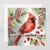 Kerst Waterverf Rode Kardinaal en Bessen Feestdagenkaart (Voorkant / Achterkant)