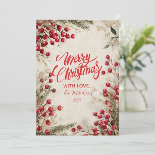 Kerst Waterverf rood en wit Feestdagenkaart (Staand voorkant)