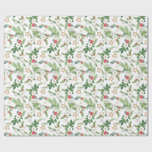 Kerst Waterverf Rozen Pinecones Branch Cadeaupapier (Vlak)