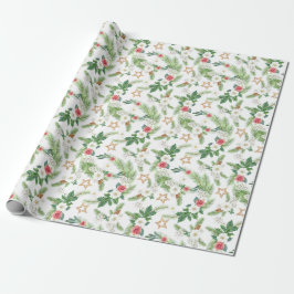 Kerst Waterverf Rozen Pinecones Branch Cadeaupapier