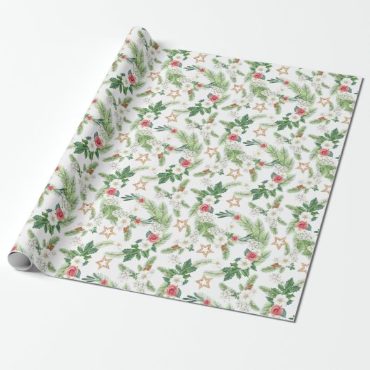 Kerst Waterverf Rozen Pinecones Branch Cadeaupapier (Uitgerold)