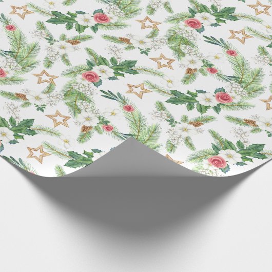 Kerst Waterverf Rozen Pinecones Branch Cadeaupapier (Hoek)