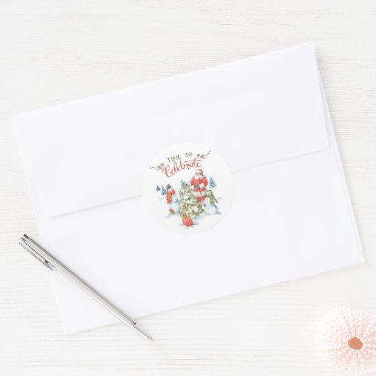 Kerst Waterverf Santa Ronde Sticker (Envelop)