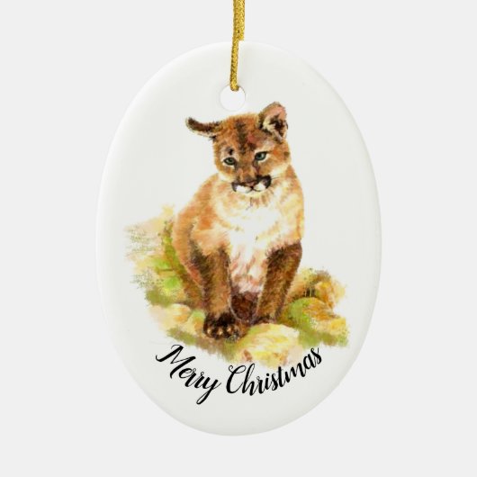 Kerst Waterverf Schilderen van een Cougar welp Keramisch Ornament (Voorkant)