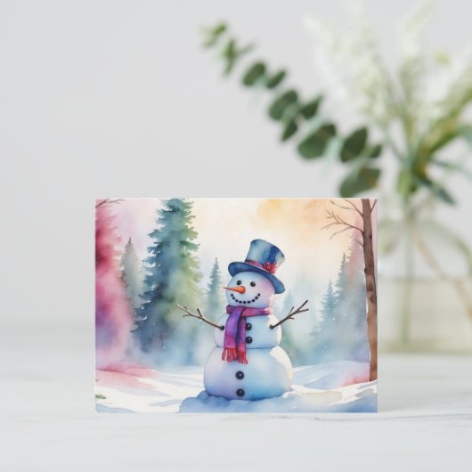 Kerst Waterverf Sneeuwman en Winter Forest Feestdagenkaart (Staand voorkant)