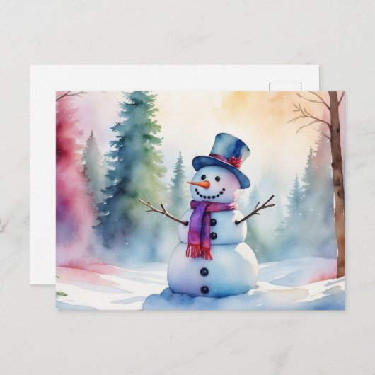 Kerst Waterverf Sneeuwman en Winter Forest Feestdagenkaart (Voorkant / Achterkant)
