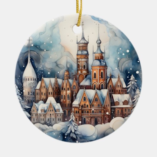 Kerst waterverf stad toevoegen sentiment keramisch ornament (Voorkant)