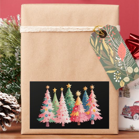 Kerst Waterverf Trees Schattige Xmas Roze Rechthoekige Sticker (Feestdagen)