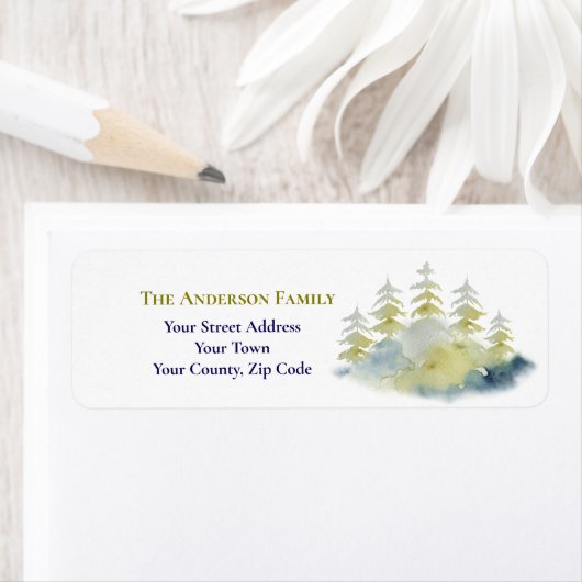 Kerst Waterverf Winter Forest Trees Naam Etiket (Insitu)