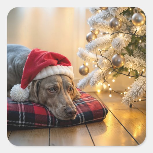 Kerst Weimaraner Hond Naast een Boom Vierkante Sticker (Voorkant)