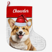 Kerst Welsh Corgi Naam Woof Achtergrond Grote Kerstsok (Voorkant)