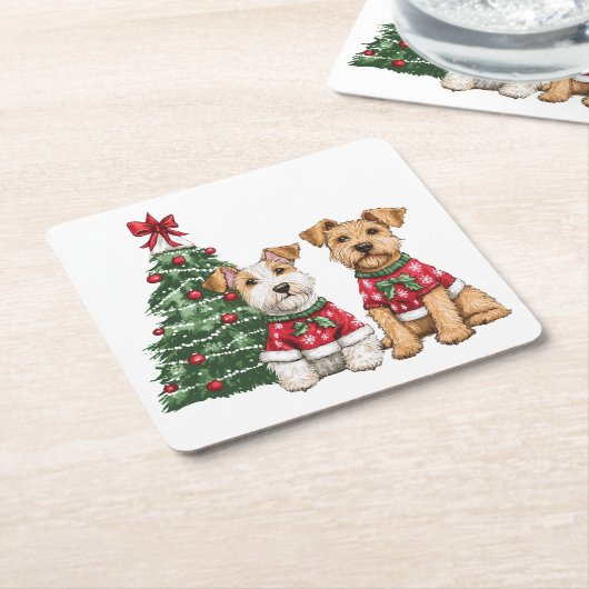 Kerst Welsh Wire Fox Terrier Honden Kartonnen Onderzetters (Schuin)